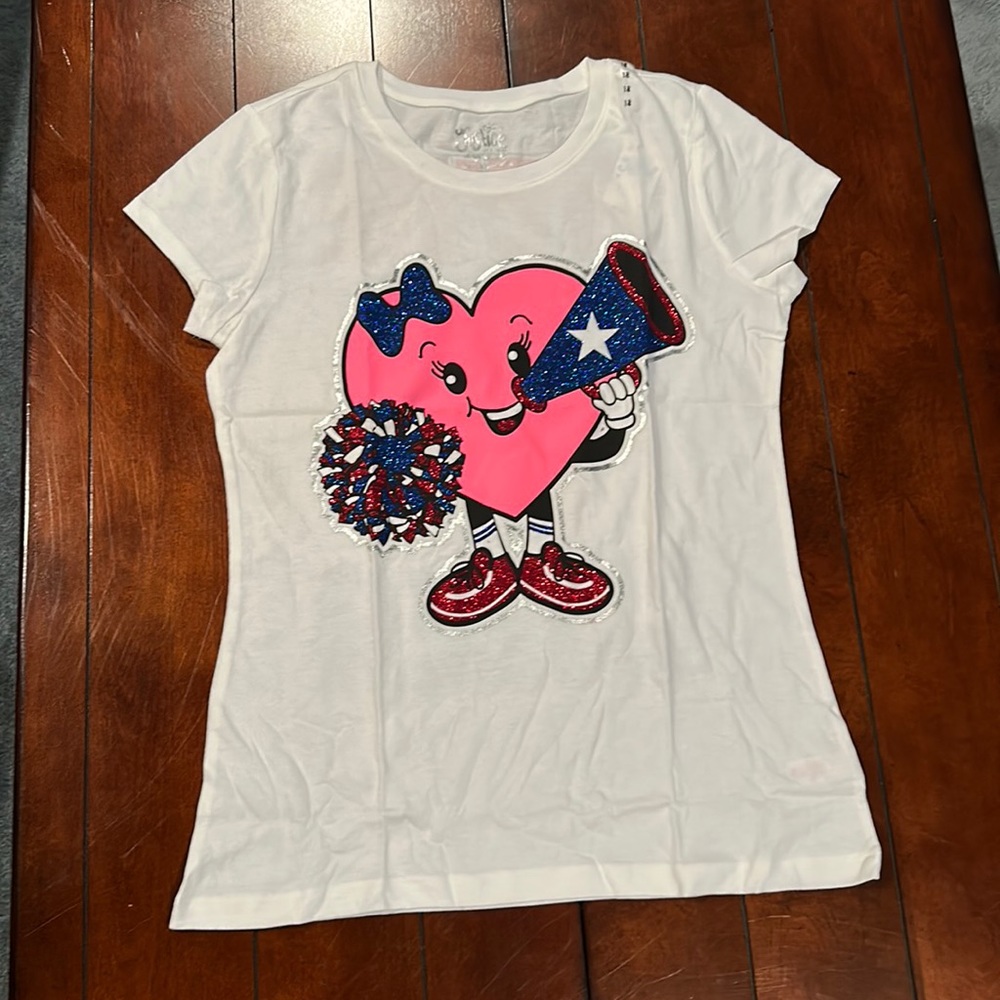 NWT Justice We’re Here To Cheer White Glitter Cheerleading Top Size 18